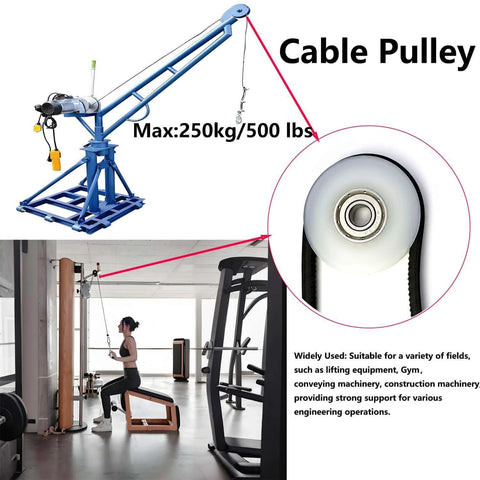 Cable pulley system with blue frame, max load 250kg, and close-up of pulley wheel, shown in use at a gym.