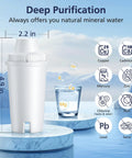 Diagram of a water filter cartridge showing dimensions and elements removed, including chlorine, lead, and mercury, against a nature backdrop.