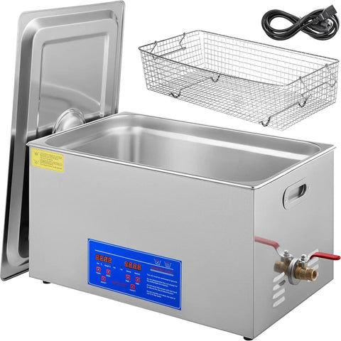 22L Ultrasonic Industrial Cleaner with Digital Timer and Heater, showing open tank, basket, and power cord, 40kHz cleaning machine