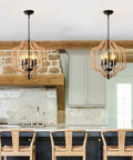 Wood Beaded Chandelier With Four Candle Style Lights for Cozy Farmhouse Boho Vibe in rustic kitchen setting