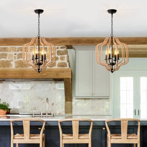 Wood Beaded Chandelier With Four Candle Style Lights for Cozy Farmhouse Boho Vibe in rustic kitchen setting