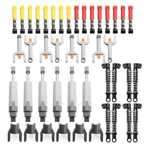 Technic Hydraulic Pump Kit And Shock Absorber Set For Building Blocks Pneumatic Pump Spare Parts Compatible With Mainstream Technic Pieces Durable Add On For Custom Models And Powerful Power Function Upgrades displayed with various pump components and shock absorbers.
