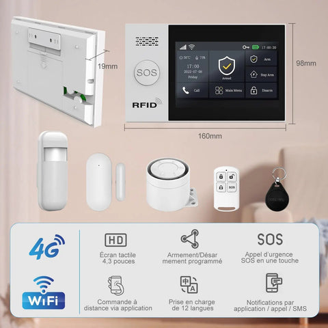 Product layout of Dual WiFi And 4G Home Alarm System With 4.3 Inch Touch Screen Instant App Alerts No Monthly Fees Alexa Compatible GSM Backup Secure Villa And Family Safety With 24 7 Monitoring, showing components and dimensions.