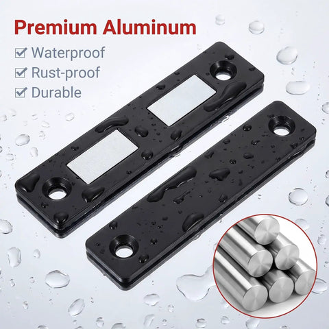 Sturdy 3 Pack Cabinet Magnets That Lock Like A Champ With Double Magnet Power Keeping Doors Shut Tight and Kids Safe At Home While Super Slim Design Stays Totally Invisible On Any Drawer Or Cupboard For Ultimate Easy Install, shown in black aluminum with waterproof features.