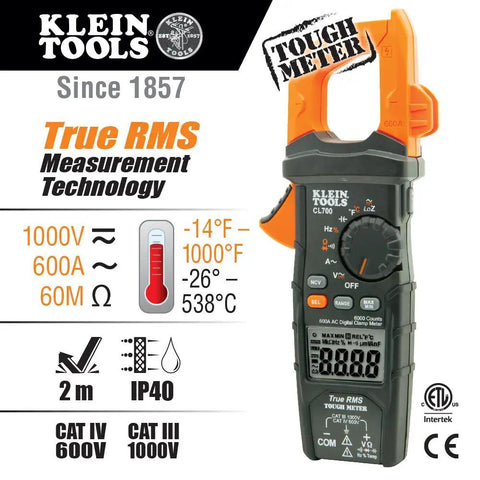 Auto Ranging Digital Clamp Meter TRMS 600A For AC DC Voltage Current with display and pro-grade test leads for pros and DIYers.