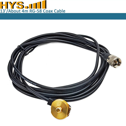 Rugged Vehicle Trunk Lid Hole Mount Antenna Bracket With Three Eighths Inch To Three Quarters Inch Hole Size Thirteen Foot RG58 Coax Cable NMO To PL259 Connector Drill To Mount Design For Amateur Radio Heavy Duty Mobile Setup with coiled coaxial cable and connectors