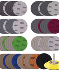 Three Inch Silicon Carbide Wet Dry Sanding Discs Set With Hook And Loop, 82 Pieces, Assorted Grit, shank and polishing pad visible
