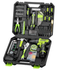 12V Cordless Drill Set With Battery And Charger 142 Piece Homeowner DIY Tool Kit In Portable Case, open view showing tools.