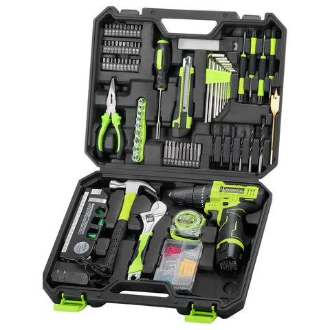 12V Cordless Drill Set With Battery And Charger 142 Piece Homeowner DIY Tool Kit In Portable Case, open view showing tools.