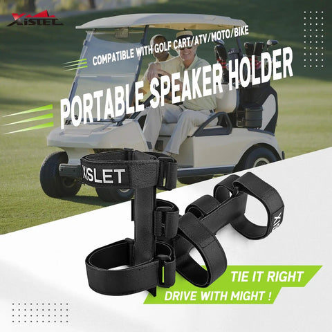 Heavy Duty Portable Speaker Mount With Adjustable Straps For Golf Cart Atv Motorcycle And Bike, black straps on a golf cart.