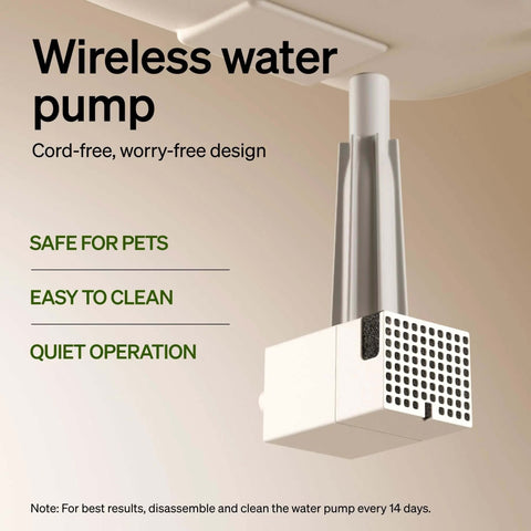 Wireless water pump for cordless battery operated cat water fountain with 2.5L capacity 84oz stainless steel tray BPA free.