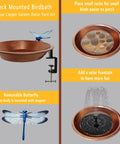 Deck Mounted Bird Bath with Antique Copper finish, 11.5 inch basin for small birds, includes removable butterfly decoration.