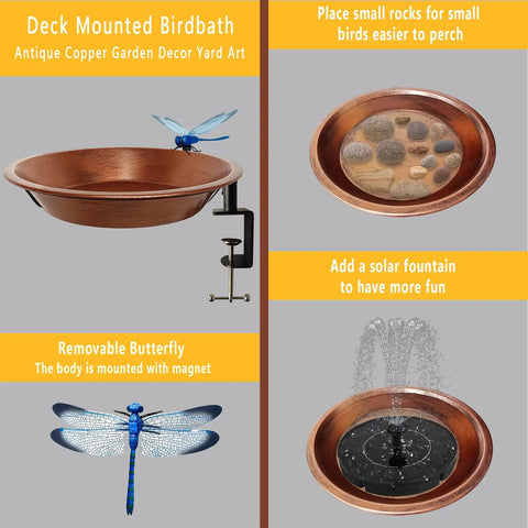 Deck Mounted Bird Bath with Antique Copper finish, 11.5 inch basin for small birds, includes removable butterfly decoration.
