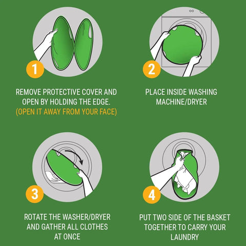 Instructional graphic showing use of Massive Laundry Day Game Changer Large Collapsible Hamper With Instant Pop Up Frame.