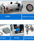 Components of Automatic Single Head Liquid Filler Pneumatic Bottle Filling Machine including cylinder, air gauge, foot switch, and anti-drip filling head.
