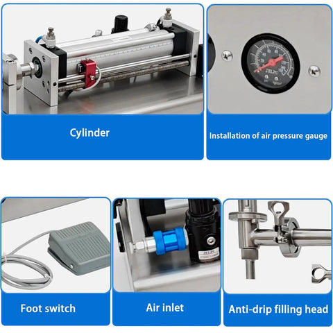 Components of Automatic Single Head Liquid Filler Pneumatic Bottle Filling Machine including cylinder, air gauge, foot switch, and anti-drip filling head.