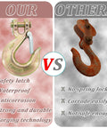 Two 3/8 in clevis chain hooks; left gold-tone forged with safety latch, right rusted latchless hook.
