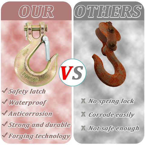 Two 3/8 in clevis chain hooks; left gold-tone forged with safety latch, right rusted latchless hook.