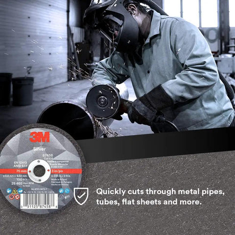 Worker using Fast Ceramic Abrasive Grain Cutoff Wheel For Metal Fabrication And Pipe Cutting, 3 Inch Diameter,.035 Inch Thick