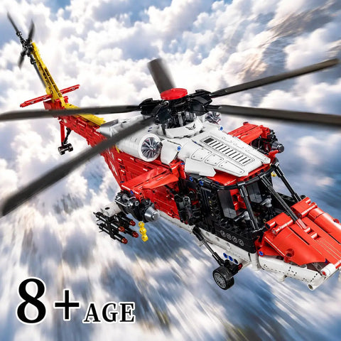 Close-up of Rescue Helicopter Building Set for Adults and Aviation Nerds flying, showing rotating rotor and realistic cockpit.