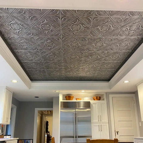 Diamond Wreath Foam Ceiling Tiles Glue Up Pack Of Eight 21.6 Sq Ft Case in Antique Silver installed in kitchen