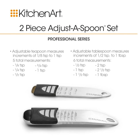 Stainless Steel Pro Sliding Adjustable Teaspoon And Tablespoon Set For Precision Cooking And Baking, Built In Slider For Exact Measurements From 1/8 Teaspoon To 1 Tablespoon, No Guesswork, Durable Kitchen Tools. KitchenArt 2-piece adjustable measuring spoon set