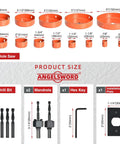 Heavy Duty 22 Piece Hole Saw Set With Upgraded Double Ground Teeth, Pro Grade Drill Kit For Drywall Plywood Pvc And Plastic, Kickass Performance And No Sweat Cutting Every Single Time, showing various sizes of hole saws and installation tools.