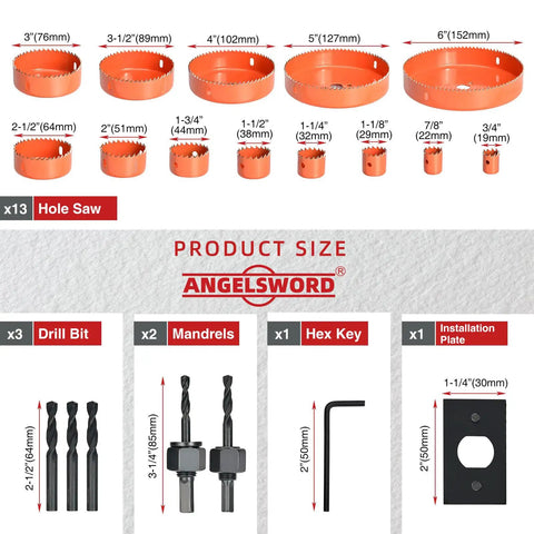 Heavy Duty 22 Piece Hole Saw Set With Upgraded Double Ground Teeth, Pro Grade Drill Kit For Drywall Plywood Pvc And Plastic, Kickass Performance And No Sweat Cutting Every Single Time, showing various sizes of hole saws and installation tools.