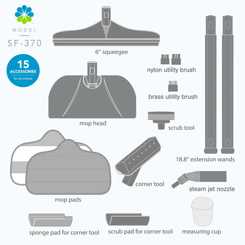 15 accessories for the SF-370 canister steam cleaner including mop head, squeegee, and extension wands for versatile cleaning.