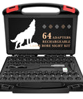 Rechargeable Green Bore Sight Laser Kit with 64 Adapters for calibers .17HMR up to 12GA in black case, easy setup for rifles and pistols.