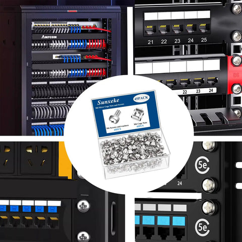 Heavy Duty M6 X 16Mm Rack Mount Screws And Cage Nuts, 45 Piece Solid Hardware Kit For Server Cabinets And Router Shelves, Square Hole Fasteners, No Sweat Rack Install, Silver, shown in installation.