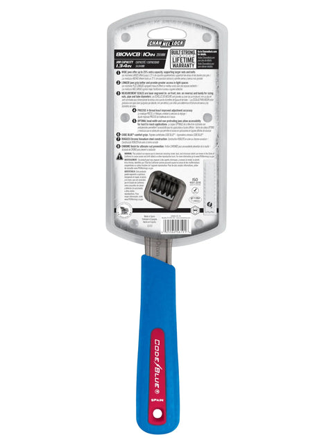 10 Inch Adjustable Wrench With Chrome Cushion Grip in packaging, blue handle with Code Blue label visible, back view