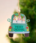 Chickmas Farmhouse Style 3D Wooden Christmas Ornament Four Inch Hanging Chicken Decor featuring chickens in a truck with Merry Chickmas sign.