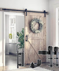 Installed 6.8 Foot Sliding Barn Door Hardware Kit With 6.8 Foot Track Kit, Pull Handle Set And Floor Guide For 36 To 40 Inch Doors J Shape Smooth Quiet Operation Easy To Install Black Powder Coated Durable Alloy