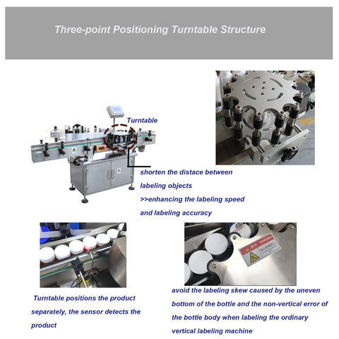 Top Shelf Automatic Vertical Labeling Machine For Round Bottles Smooth Circumferential Wrapping with three-point turntable structure.