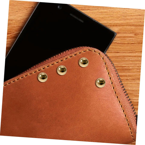 Versatile Craft Kit 100 Pcs Round Mushroom Brads And Mini Paper Fasteners used on a leather pouch with metal fasteners