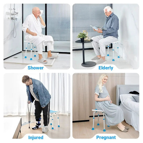 Four uses of Shower Stool With 350 Pound Capacity, Adjustable Height Bath Chair for seniors, elderly, injured, and pregnant people.