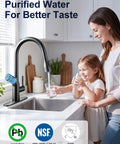 Cobbe Kitchen Faucet with Water Filter, Pull Down Sprayer, Matte Black in a modern kitchen, mother and daughter using filtered water.