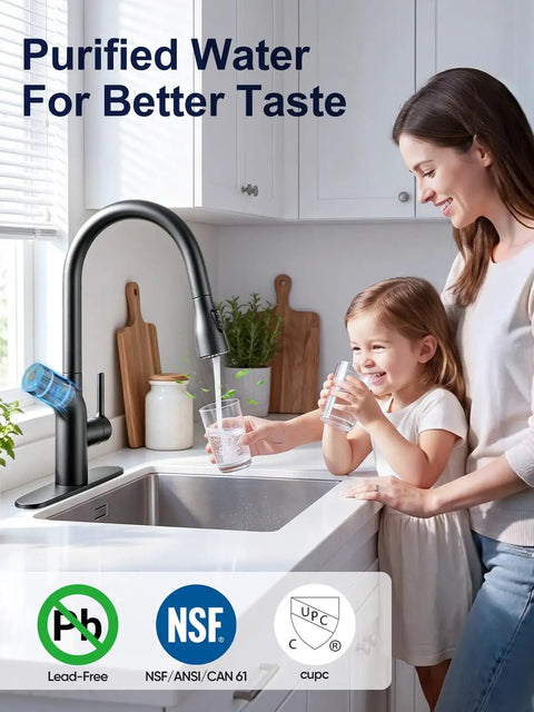 Cobbe Kitchen Faucet with Water Filter, Pull Down Sprayer, Matte Black in a modern kitchen, mother and daughter using filtered water.