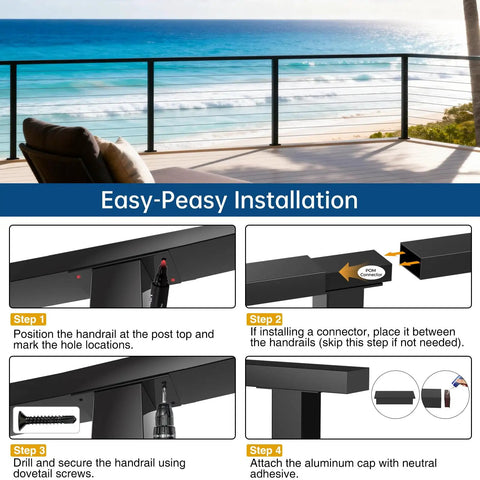Step-by-step installation guide for Premium 3MM Thick 8 Foot Black Aluminum Rectangular Handrail For Decks And Stairs.