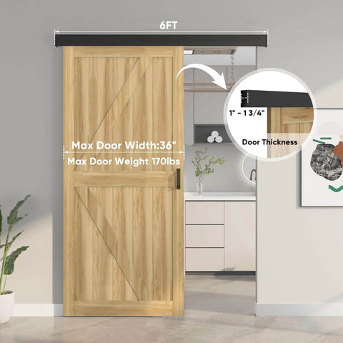 Six Foot Sliding Barn Door Hardware Track Kit With Handles In Black, Slick Low Profile Aluminum Box Rail for 36 inch door.