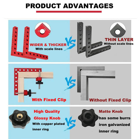 Comparison of Beefy Ultra Precise 90 Degree Corner Clamp advantages like thicker design with scale lines and fixed clip.
