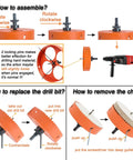 VIKITON 6-1/8 in hole saw with dust bowl catcher for recessed LED lighting; orange bi-metal cutter shown with drill