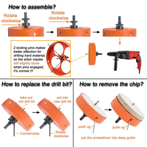 VIKITON 6-1/8 in hole saw with dust bowl catcher for recessed LED lighting; orange bi-metal cutter shown with drill