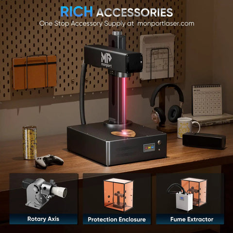 Auto Focus 60W MOPA Fiber Laser Engraver Pro Grade With 3D Deep Engraving 6 Point 9 By 6 Point 9 Inch Work Area on desk