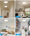 Four interior spaces—hallway, study, kitchen, and laundry—each featuring a modern round ceiling light installed at the center.