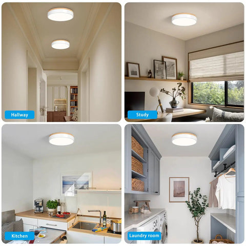 Four interior spaces—hallway, study, kitchen, and laundry—each featuring a modern round ceiling light installed at the center.