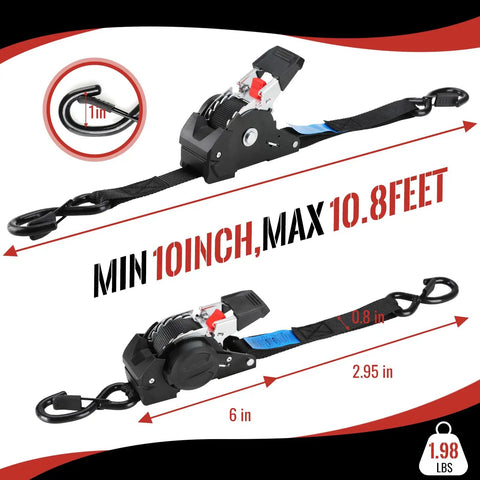 Heavy Duty Self Retracting Ratchet Tie Downs One Inch By Ten Foot 4 Pack 1650 Lb Tangle Free Cargo Straps. Close-up of strap and mechanism.