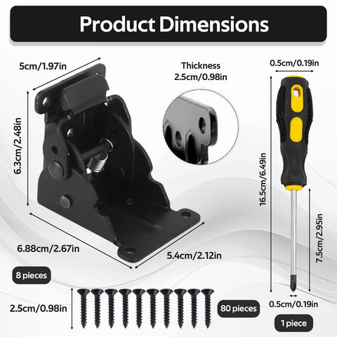 Heavy Hitter Folding Table Leg Brackets Four Pack Zero To Ninety Degree Self Locking Hinges with dimensions and included screws