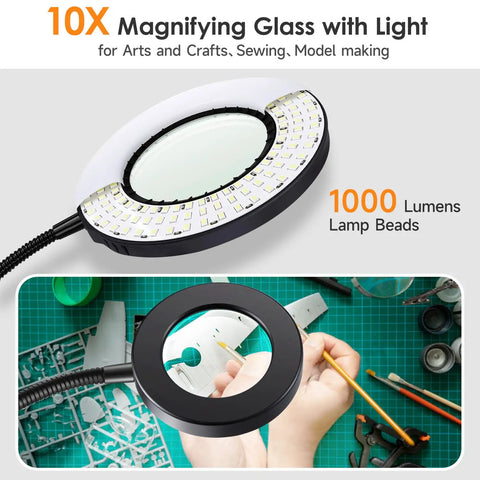 Lighted Magnifying Glass With Clip-On Desk Lamp Adjustable 3 Color Modes And 10 Brightness Levels 1000 Lumen Hands-Free Magnifier